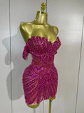 Women Birthday Party Nightclub Dancer Stage PhotoShoot Costume Sexy Sparkly Rhinestones Sequins Off The Shoulder Mesh Mini Dress