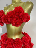 Women Sexy Red 3D Flowers Top Mini Dress Two Piece Set Eveing Party Girls Birthday Nightclub Stage Dress Holiday Photo Shoot Set