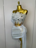Newest  Sparkly Silver Sequins Sexy Strapless Short Dress Two Pcs Set Women Party Birthday Nightclub Singer Dancer Stage Wear