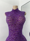 Luxury Purple Rhinestones Long Party Dress Celebrity Women Sexy Sleeveless Mesh See Through Prom Gown Club Birthday Dresses