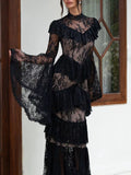 Retro Luxurious Wedding Dress for Women Stand Collar Flare Sleeve Spliced Ruffles Irregular Hem Party Long Dresses Female