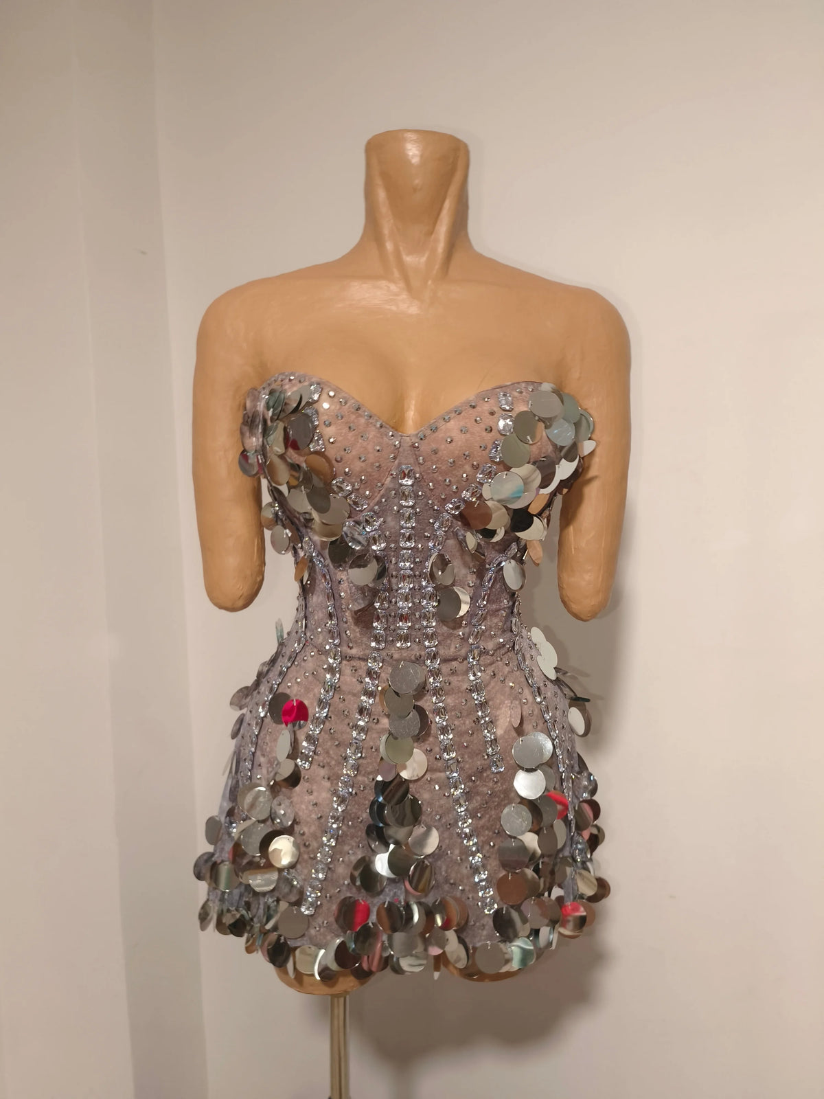 Sparkly Gold Rhinestone Sequins Sexy Strapless Mesh See Through Mini Dress Women Eveing Birthday Party Nightclub Stage Costume