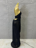 Sexy Halter Neck Maxi Dress Crystal Chain Cutout Ruched Women Sheer Mesh Form Outfit Glamorous Evening Gala Party Costume