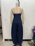 American Retro Two Piece Set for Women Strapless Sleeveless Tank Tops High Waist Wide Leg Pants Denim Suit Female