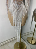 Women Sparkly Crystal Pearl Tassels Sexy Sheer See Through Bodycon Mini Silver Outfit Birthday Dress Dancer Performance Costume