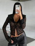 Patchwork Fur Collar Lace t-Shirt Women See Through Single-Breasted Full Sleeve v-Neck Skinny Sexy Midnight Crop Tops