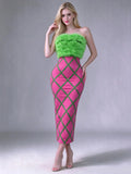 Fashion Strapless Green Feathers Bodycon Bandage Maxi Dress Off Shoulder Green Stripes  Evening Club Party Cocktail Birthday