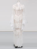 2026 New Elegant Design Sense Flare Sleeve Stand Collar Ruffle Lace Slim Long Dress Women's Wedding Banquet Festival Gown