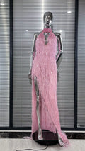 Women's Glam Low-Cut High Split Sleeveless Fringed Dress Fashion Party Dinner Evening Gown Performance Costume Vestidos De Noche