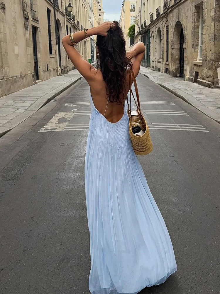 Blue Halter Pleated Long Beach Dress Women's Backless Sleeveless Puff Maxi Dresses Summer Evening Party Holiday Vacation New In