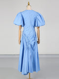 Solid Spliced Drawstring Folds Designer Maxi Dress for Women O Neck Puff Sleeve High Waist Elegant Party Dresses Female New