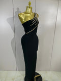 Elegant Black One Shoulder Sparkly Diamond Bodycon Bandage Long Dress Celebrity Evening Party Club Prom Luxury Birthday Dress
