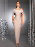 Women Sexy Off the Shoulder Pearl Bead Diamond Bodycon Long Bandage Dress Nightclub Party Evening Birthday Celebrate Wear