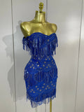 Women Blue Off The Shoulder Shiny Sequined Tassel Bodycon Mini Dress Eveing Celebrity Party Prom Birthday Club Dress Vestidos