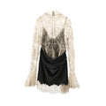 Elegant Lace Patchwork Satin Mini Dress Women High Collar Flare Sleeve See Through Party Dresses Autumn Lady Evening Robes