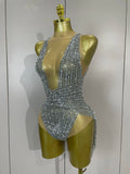 Luxury Sparkly Silver Diamonds Tassel Mesh Sheer Bodysuits Eveing Birthday Party Latin Dancer Bar Nightclub Sexy Stage Costume