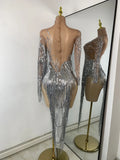 Women Sparkly Crystal Pearl Tassels Sexy Sheer See Through Bodycon Mini Silver Outfit Birthday Dress Dancer Performance Costume