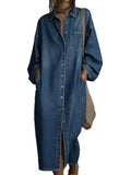 Women Denim Dress Lapel Collar Long Sleeve Loose Maxi Button Down Pocketed Casual Fashion Summer
