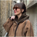 Brown Suede Shearling Lined Hooded Cropped Jacket Women's Bomber Coat  Warm Winter Outerwear Fashion High Street Lady Outfit