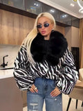 Zebra Print  Fur Collar Puffer Jacket Womens Button Down Trendy Warm Coat Fall Winter Party Club Streetwear Cozy Daily Outerwear