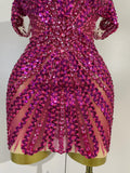 Women Sparkly Rhinestones Sequins Birthday Party Nightclub Dancer Stage PhotoShoot Costume Sexy Off The Shoulder Mesh Mini Dress