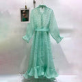 Solid Chic Soft Floral Hollow Out Sheer Flowy Shirt Midi Dress For Women Lapel Long Sleeve Belted Ruffle Hem Vacation Outfit