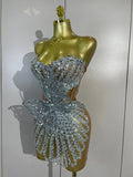 Women Sexy Strapless Mesh See Through Eveing Birthday Party Nightclub Stage Wear Sparkly Butterfly Rhinestone Sequins Mini Dres