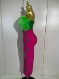 Luxury Celebrity Evening Party Birthday Dresses Women Sexy Green Feather Strapless Color Block Plaid Bodycon Midi Bandage Dress