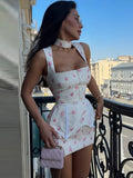 White Pink Floral Choker Neck Dress Women Elegant V-neck 3/4 Sleeves Peplum Ruffle Hem Long Dresses 2026 Lady Daily Vestidos New
