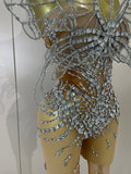 Sexy 3D Butterfly Strapless Mesh See Through Jumpsuit Sparkly Silver Diamond Eveing Party Birthday Bar Nightclub Stage Costumes