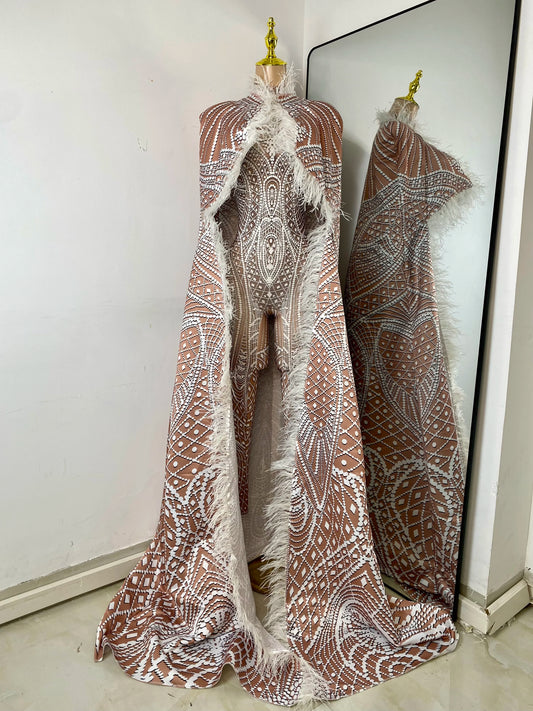 Women Sexy Feather Long Cloak Spandex Luxury Printing Jumpsuit High Strecht Dance Performance Nightclub Stage Glamorous Costume