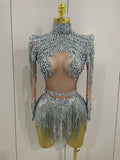 Women Sparkly Rhinestone Sequin Tassel Stretch Bodysuits 2025 New Arrival Birthday Party Nightclub Dj Stage Performance Costume
