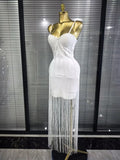 4 Colors Women Sexy Strap Shining Beading Long Tassles Bodycon Long Bandage Dress Elegant Evening Party Celebrate Birthday Wear