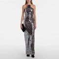 Women Elegant Chest Flower Sequin Halter Maxi Dress Backless Sexy Long Dresses Summer 2026 New Fashion Evening Party Gown