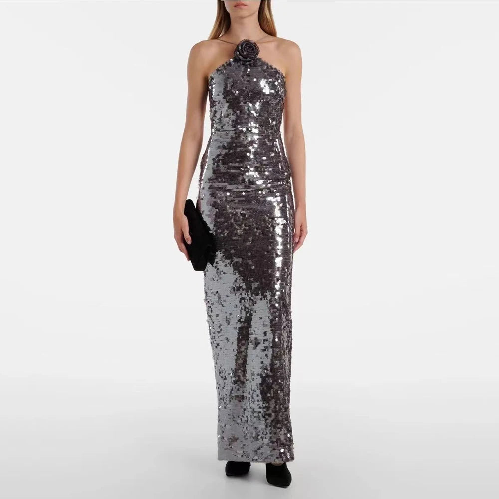 Women Elegant Chest Flower Sequin Halter Maxi Dress Backless Sexy Long Dresses Summer 2026 New Fashion Evening Party Gown