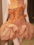 Fashion Orange 3D Floral Appliquet Mini Dress for Women Sleeveless O Neck Slim Sheer Tulle Puffed Skirt for Themed Parties