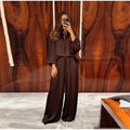 Solid Color Tie Neck Satin Blouse Wide Leg Pants Two Piece Set Long Sleeve Loose Fit 2026 Spring Daily Vacation Women Outfit