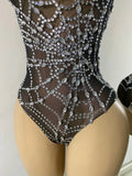 Women Sexy Sparkly Rhinestone Halter Mesh See Through Bodysuit Nightclub Performance Dance Costume Singer Stage Wear