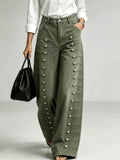 Women Denim Jeans High Waist Metal Button Decor Wide Leg Floor Length Streetwear Casual Trousers Autumn