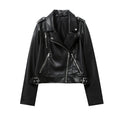 Women's Spring Black faux-leather jacket Casual zipper and belt Cycling jacket Casual jacket jacket