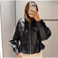 Fashion Women's Drawstring Short Leather Jacket Stand Collar Long Sleeve Ruffle Zipper Female Coat 2026 Autumn Lady Chic Jackets