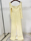 Sparkling Luxury Diamond Crystal Square Neck Slim Long Dress Women'S Elegant Celebrity Evening Party Wedding Gowns