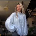 Fuzzy Sequin Zipper Women Cardigan Stand Collar Long Sleeve Loose Knitted Jacket Oversized Sequined Furry Knit Casual Winter Top