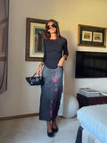 Women Color Block Floral Print Midi Skirt High Waist Straight Satin Long Skirt 2026 Fashion Chic Elegant Party Ofice Daily Wear