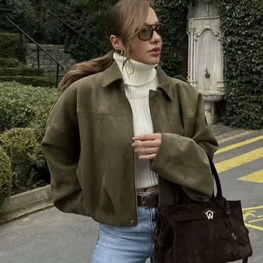 Women's Faux Suede Cropped Bomber Jacket Lapel Collar Zipper Loose Autumn Winter Casual Streetwear Vintage Coat 2026 New