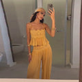 Elegant Lace Women Long Pant Set Square Neck Sheer Ruffle Hem Crop Cami Top High Waist Wide Leg Trousers 2026 Summer Chic Suit