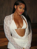 Sexy See Through 3 Piece Set Women Halter Bra+Swing Collar Flared Sleeve T-Shirts+Skinny Shorts Fashion Elegant Set