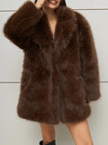 Luxury Faux Fur Shawl Lapel Midi Coat for Women Long Sleeve PU Leather Tie Waist Belt for Winter Daily Party Going Out Wear