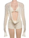 Sexy See Through 3 Piece Set Women Halter Bra+Swing Collar Flared Sleeve T-Shirts+Skinny Shorts Fashion Elegant Set