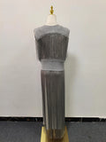 Solid Spliced Tassel Dresses Suit for Women O Neck Sleeveless High Waist Long Dress with Sling Two Piece Set Female